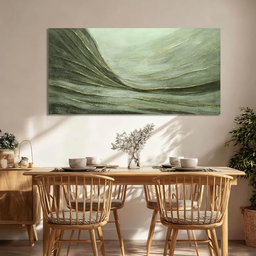 Green Abstract Canvas Wall Art with Gold Ginkgo Leaves and White Black Plum Blossom Accents Modern Nature Painting for Living Room Bedroom Office Contemporary Home Wall Decor