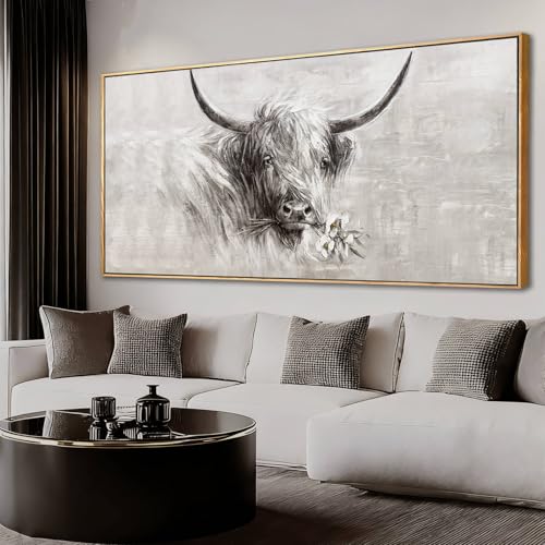 Large Green Flower Black and White Abstract Cow Canvas Wall Art Modern Botanical Animal Painting with Gold Textured Details Decorative Artwork for Living Room Bedroom Office Kitchen