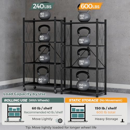 4 Tier Foldable Storage Shelves with Wheels