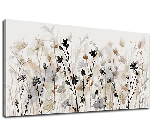 Large Floral Wall Art Grey Cream Brown Flowers Wall Decor Abstract Botanical Canvas Painting Artwork Simple Life Canvas Pictures for Living Room Bedroom Kitchen Home Office Decoration
