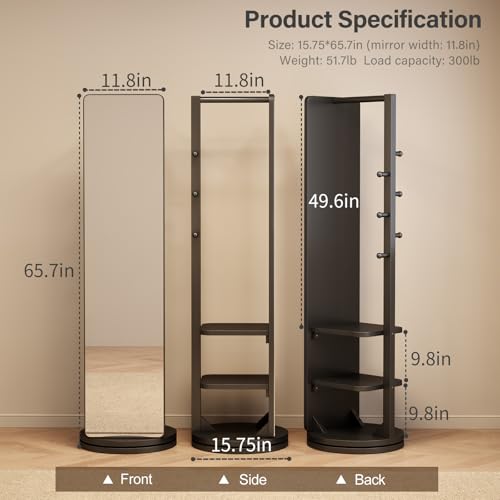 Full Length Mirror Coat Rack Solid Wood Floor Mirror 66"x12" Full Length Mirror with Stand Long Mirrors for Bedroom