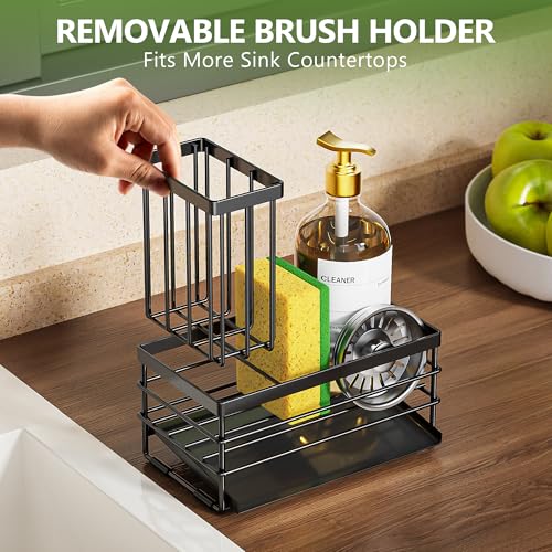 Sink Caddy Sponge Holder for Kitchen with Brush Holder and Stainless Steel Self Drain Tray