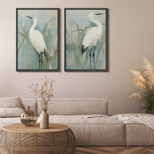 Framed Canvas Print Wall Art White Heron Pair in Marsh Coastal Illustrations Modern Art Decorative Bohemian Colorful for Living Room
