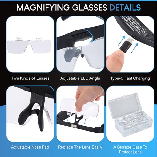 Magnifying Headset with 3 LED Lights and 5 Detachable Lenses