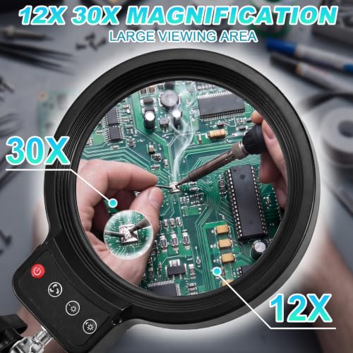 12X 30X Magnifying Glass with Light and Clamp
