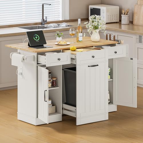 61" Kitchen Islands with Movable Wood Cutting Board & Trash Storage Cabinets