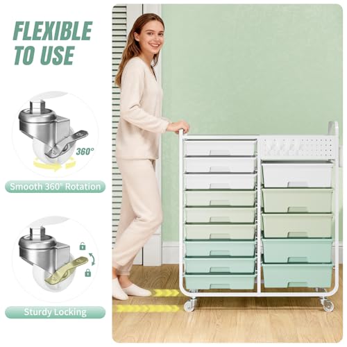 14 Drawer Rolling Storage Cart with Tabletop and Pegboard for Crafts