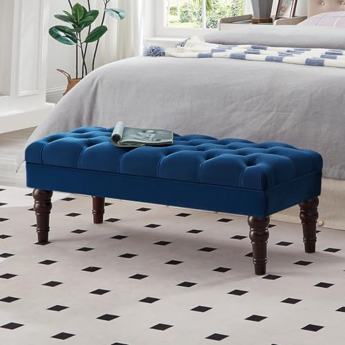 Velvet Upholstered Buttons Tufted Entryway Bench with Solid Wood Leg