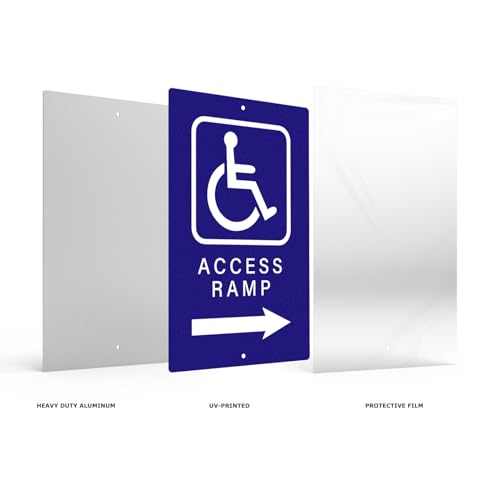 Handicap Access Ramp Sign 8 × 12 Inch Aluminum Waterproof Right Arrow Direction Signage Reflective ADA Accessibility Symbol Wheelchair Signs