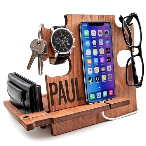 GRETAOTO Personalized Wood Phone Docking Station Gift for Men Bedside Nightstand Charging Station Organizer Mens Accessories Phone Stand Anniversary Birthday Gifts for Dad Him Husband