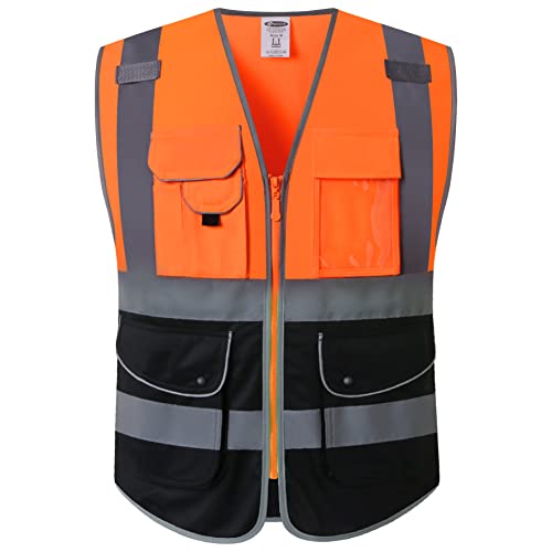 9 Pockets Class 2 High Visibility Zipper Front Safety Vest With Reflective Strips Meets ANSI