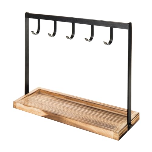 Black Metal Entryway Key Holder with 5 Hooks and Burnt Wood Base