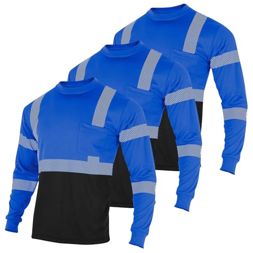 3pcs Safety T Shirts Reflective High Visibility Hi Vis Long Sleeve Construction Work Shirts for Men Class 3