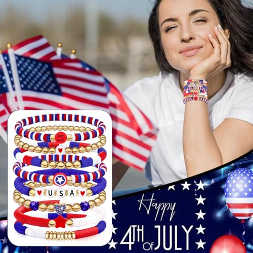 250 Anniversary USA Merchandise 4th of July Outfits for Women Men Teens Red White Blue Clay Beaded Stretch Bracelets USA Patriotic Jewelry 4th of July Accessories