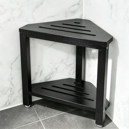 Acacia Corner Shower Stool with Storage Shelf Small Bench
