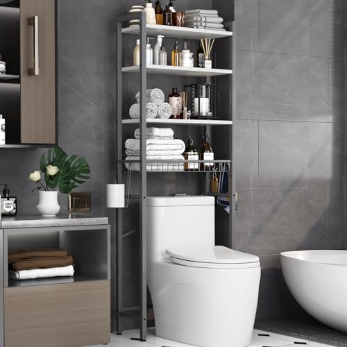 Over-The-Toilet Storage Rack, 4-Tier Bathroom Organizer Shelf Over Toilet with Adjustable Shelf and Basket, Freestanding Space Saver Bathroom Shelves Above Toilet for Room