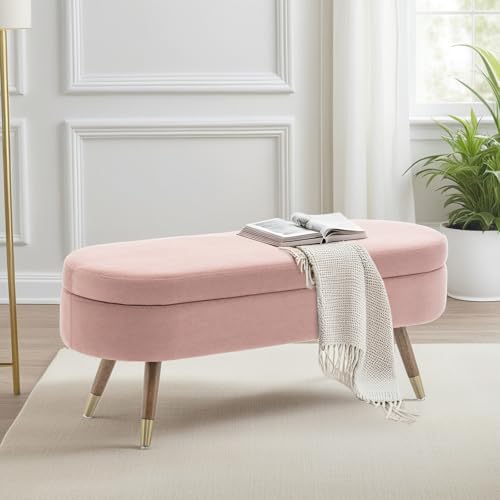Oval Storage Bench 43.5" Linen Fabric Upholstered Entryway Bench with Solid Wood Legs Ottoman Bench Indoor Bench for Living Room