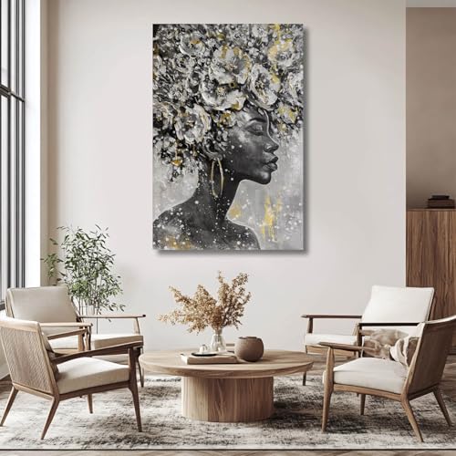 Black Woman Wall Art African American Canvas Animal Painting Cow Farmhouse Abstract Wall Decor Gray White Black Gold Modern Rustic Artwork for Living Room Bedroom Large Wall Art