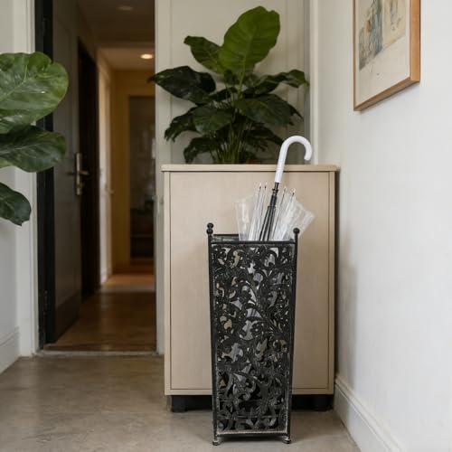 Vintage White Metal Umbrella Stand with Ornate Cutout Pattern Antique Decorative Umbrella Holder with Detachable Drip Tray for Entryway Storage Umbrellas Canes & Walking Sticks
