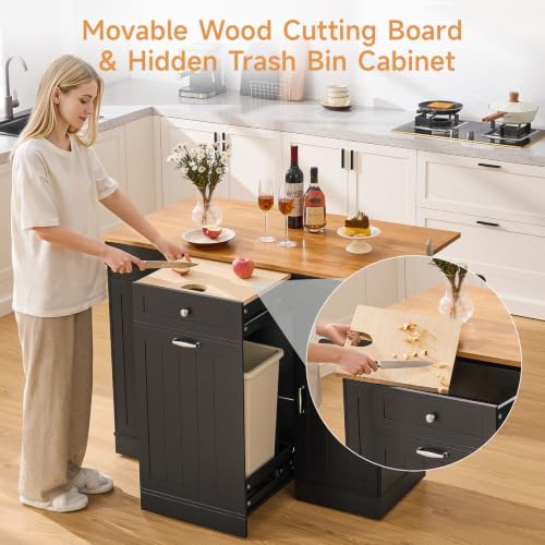 61" Kitchen Islands with Movable Wood Cutting Board & Trash Storage Cabinets
