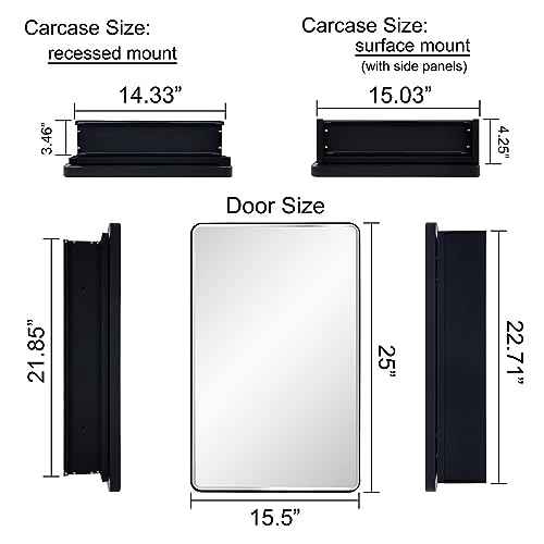 Black Bathroom Mirror Medicine Cabinet with Round Corner Framed Door and Beveled Edge Mirror