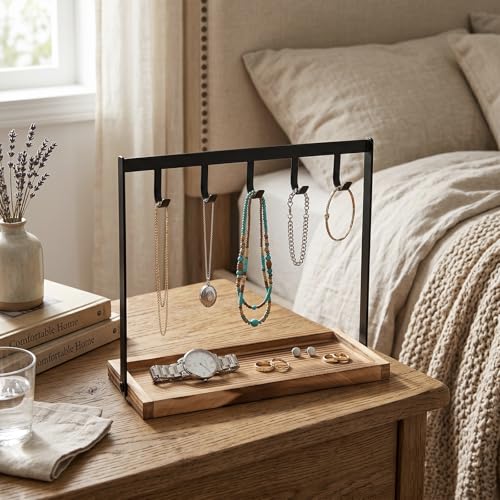 Black Metal Entryway Key Holder with 5 Hooks and Burnt Wood Base