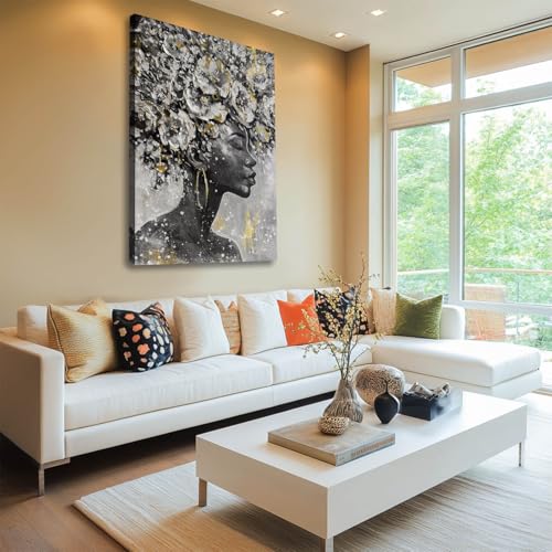 Black Woman Wall Art African American Canvas Animal Painting Cow Farmhouse Abstract Wall Decor Gray White Black Gold Modern Rustic Artwork for Living Room Bedroom Large Wall Art