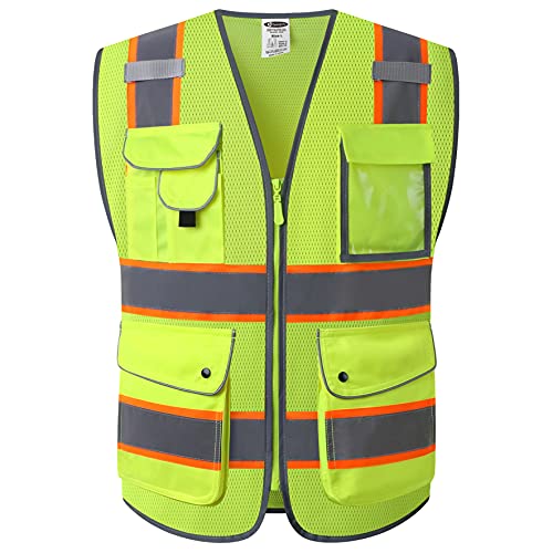 9 Pockets Class 2 High Visibility Zipper Front Safety Vest With Reflective Strips Meets ANSI