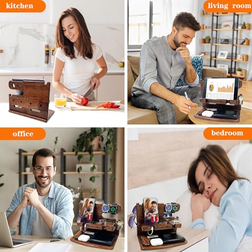 Gifts for Men from Wife Nightstand Organizer for Men Wood Phone Docking Station Phone Holder for iPhone