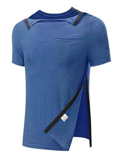 Men's Post Shoulder Surgery Recovery Shirts Full Tear Away Short Sleeve Snap Chemo Port Access Shirt