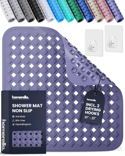 Shower Stall Mat Non Slip 21x21 Square Shower and Standing Bathtub Mat for Baby INCL. 2 Hooks for Storage Anti Slip Shower Mats with Suction Cups Soft on Feet Machine Washable Homerella