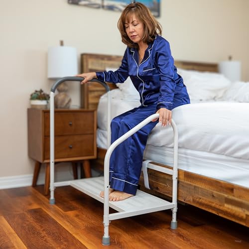 Bed Rails For Elderly with Adjustable Height Bed Step Stool & LED Light for Fall Prevention