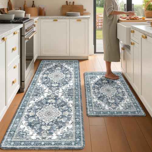 Boho Kitchen Mats for Floor 2 Piece Set Anti Fatigue Cushioned PVC Kitchen Rugs Non Slip Waterproof Farmhouse Mats 2