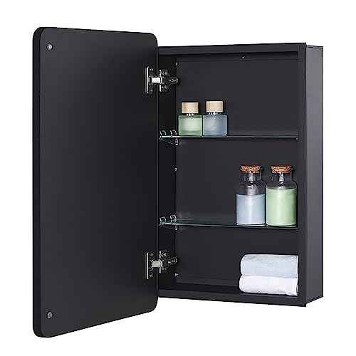 Black Bathroom Mirror Medicine Cabinet with Round Corner Framed Door and Beveled Edge Mirror