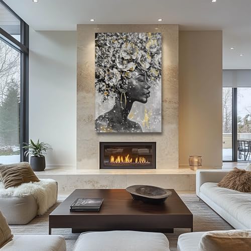 Black Woman Wall Art African American Canvas Animal Painting Cow Farmhouse Abstract Wall Decor Gray White Black Gold Modern Rustic Artwork for Living Room Bedroom Large Wall Art
