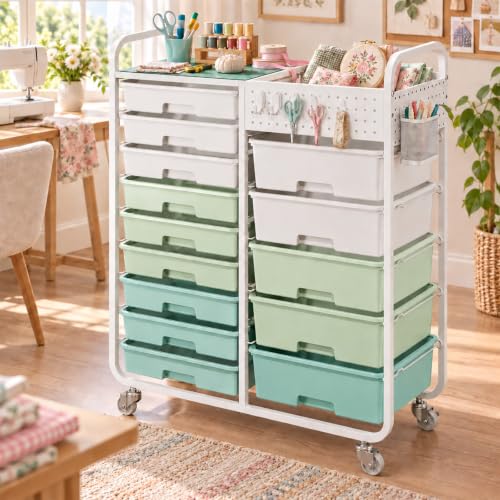 14 Drawer Rolling Storage Cart with Tabletop and Pegboard for Crafts