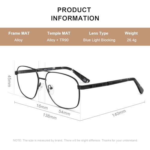 RBPilot Square Metal Aviator Reading Glasses for Men