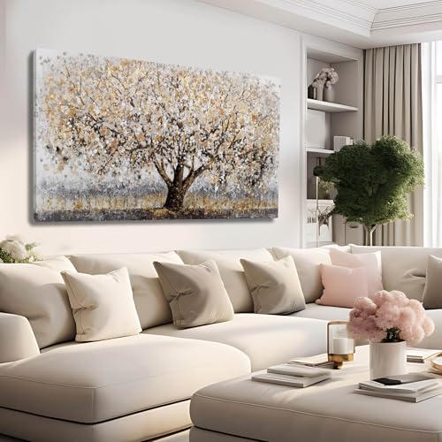 Gold Tree Wall Art Framed Canvas Pictures Sunflowers Wall Decor Beach Decorations Gold And Green Arts for Home Hotel