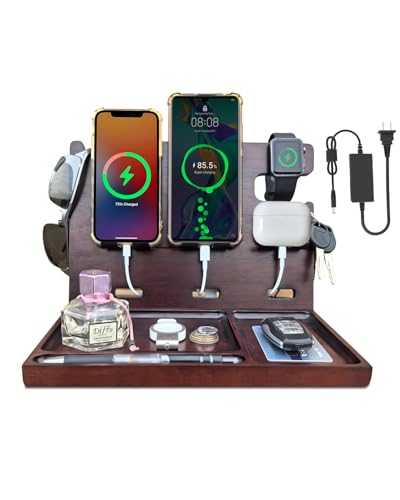 USB Charging Station for Multiple Devices Wood Phone Docking Station with QC3.0 & PD 22.5W Type c Charger Fast Charging for iPhone Samsung Google Andriod Smart Watch Earbuds Gifts for Men