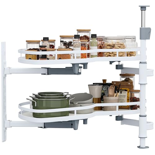 28-Inch 2-Tier Lazy Susan Turnable for Cabinet, Rotating 2-Shelf Lazy Susan Corner Organizer with Adjustable Height for Kitchen Pantry, Chrome-Plated Double Spinning Corner Organizer, Silver