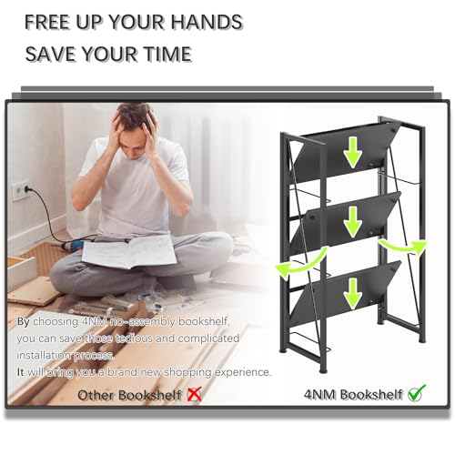 No Assembly Folding Bookshelf Storage Shelves Vintage Bookcase Standing Racks for Bedroom Living Room Home Office