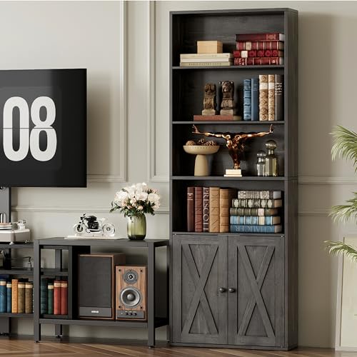 Industrial Bookshelves and Bookcases with Doors Set of 2 Floor Standing 6 Shelf Display Storage Shelves 70 in Tall Bookcase for Home Office