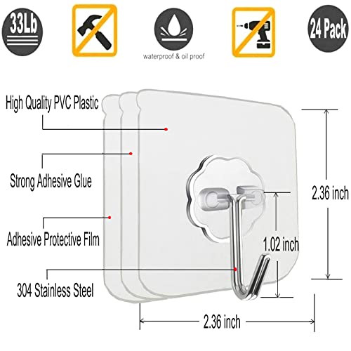 Adhesive Wall Hooks 33LB Heavy Duty No Drill Transparent Waterproof Hooks for Bathroom Kitchen Towel Coat Office Home Outdoor