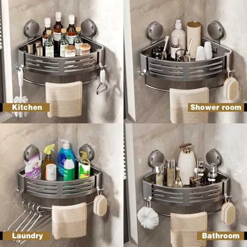 Corner Shower Caddy Suction Cup Shower Shelf Corner No Drilling Bathroom Shower Organizer Storage Rack Adhesive with Towel Bar Hooks