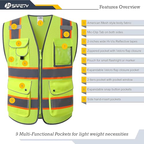 9 Pockets Class 2 High Visibility Zipper Front Safety Vest With Reflective Strips Meets ANSI