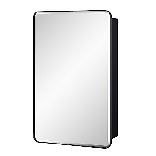 Black Bathroom Mirror Medicine Cabinet with Round Corner Framed Door and Beveled Edge Mirror