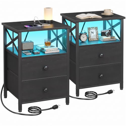 Night Stand Set of 2 with Charging Station and LED Lights