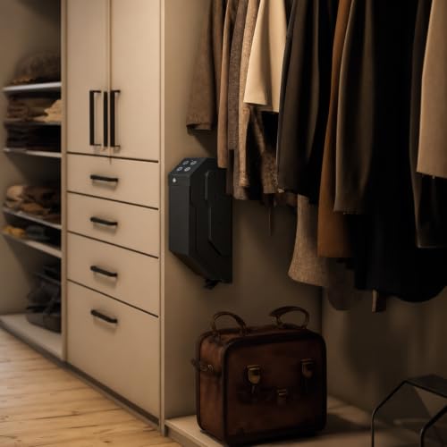 Gun Safe Biometric Quick Access Handgun Firearm Safes for Pistols Drop Down Single Gun Safety for Nightstand Wall Mount Bedside Desk Vehicle Bed Personal Safe with Fingerprint Keypad Lock Key Lock