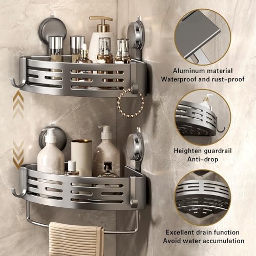 Corner Shower Caddy Suction Cup Shower Shelf Corner No Drilling Bathroom Shower Organizer Storage Rack Adhesive with Towel Bar Hooks