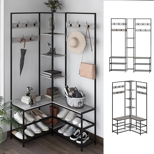 Corner Hall Tree with Shoe Rack Storage Bench Display Open Shelves Modern Industrial Entryway Coat Rack Stand for Home Living Room Mudroom Bedroom Multifuncitonal 5 in 1